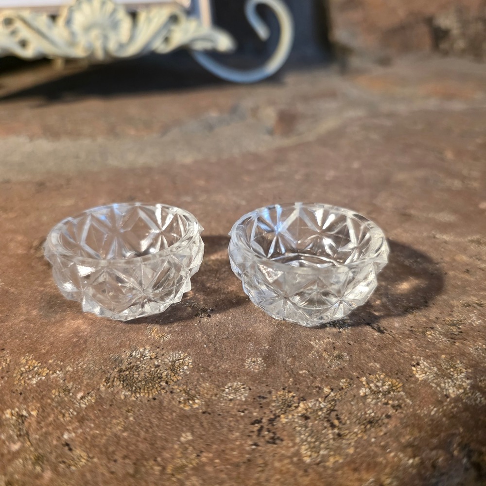 Vintage Clear Pressed Glass Salt Cellars Diamond Cut Pattern Set of 2